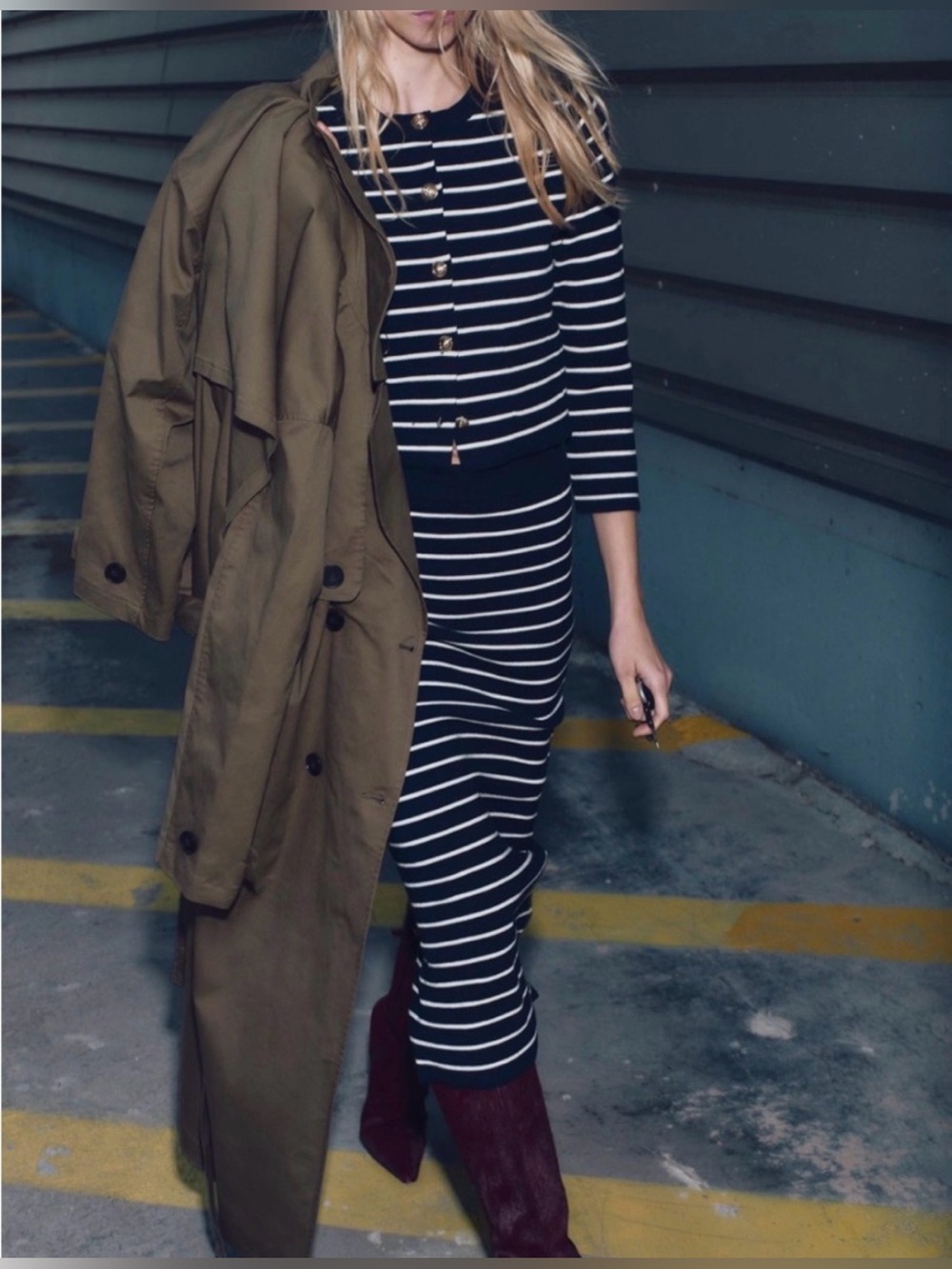 Zara two peace Striped Navy & White Knit cardigan and skirt  with 3/4 Sleeves